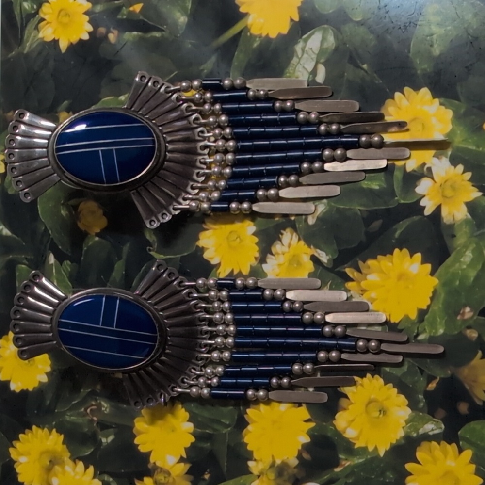 Vintage Artisan Silver and Lapis Lazuli Statement Earrings - Picture 4 of 5